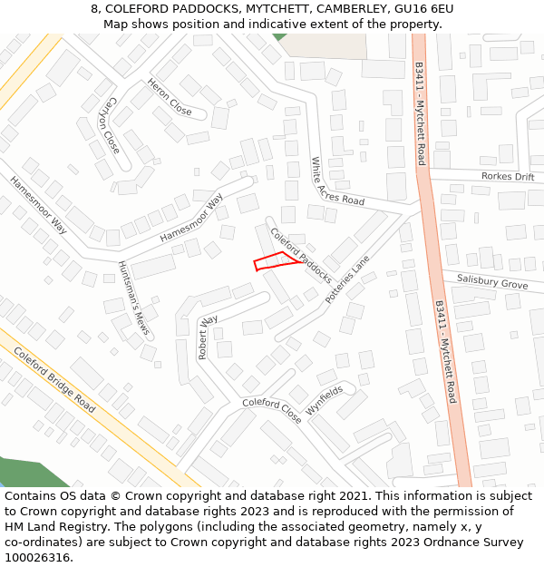 8, COLEFORD PADDOCKS, MYTCHETT, CAMBERLEY, GU16 6EU: Location map and indicative extent of plot