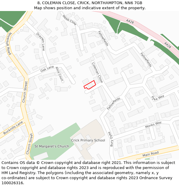 8, COLEMAN CLOSE, CRICK, NORTHAMPTON, NN6 7GB: Location map and indicative extent of plot