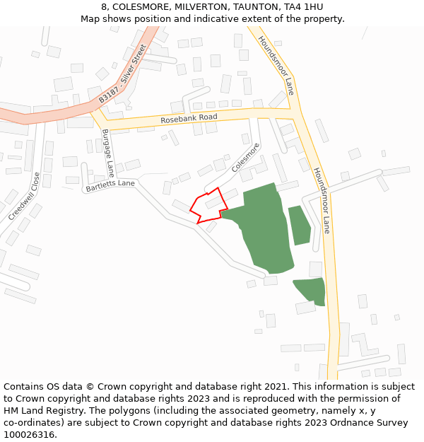 8, COLESMORE, MILVERTON, TAUNTON, TA4 1HU: Location map and indicative extent of plot