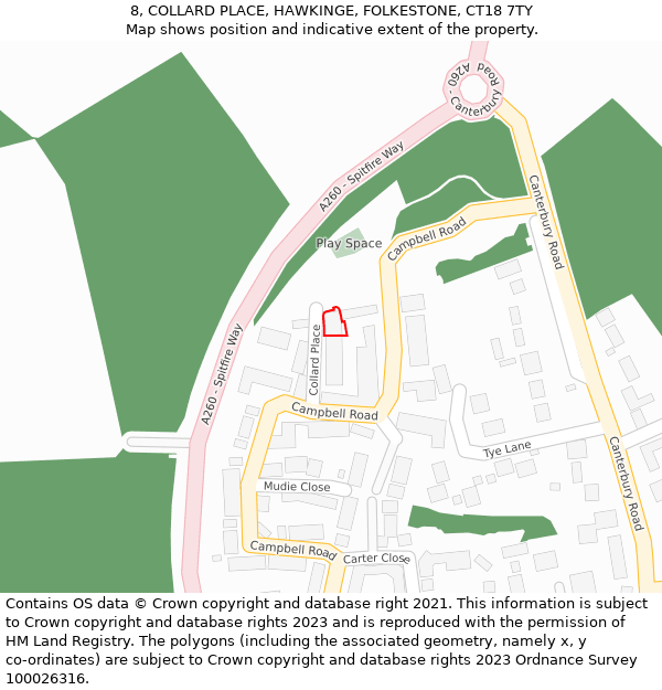 8, COLLARD PLACE, HAWKINGE, FOLKESTONE, CT18 7TY: Location map and indicative extent of plot