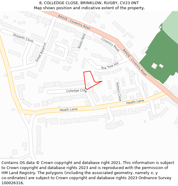 8, COLLEDGE CLOSE, BRINKLOW, RUGBY, CV23 0NT: Location map and indicative extent of plot