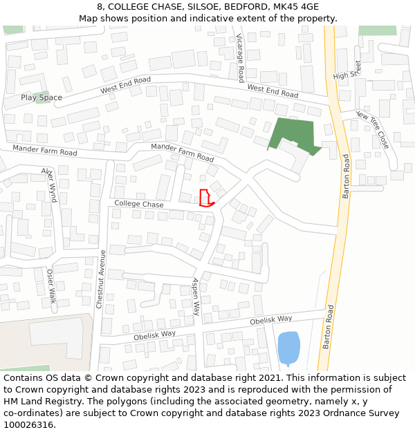 8, COLLEGE CHASE, SILSOE, BEDFORD, MK45 4GE: Location map and indicative extent of plot