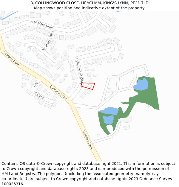 8, COLLINGWOOD CLOSE, HEACHAM, KING'S LYNN, PE31 7LD: Location map and indicative extent of plot