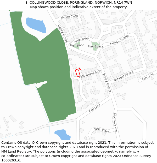 8, COLLINGWOOD CLOSE, PORINGLAND, NORWICH, NR14 7WN: Location map and indicative extent of plot