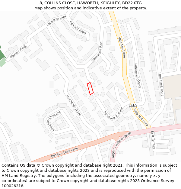 8, COLLINS CLOSE, HAWORTH, KEIGHLEY, BD22 0TG: Location map and indicative extent of plot