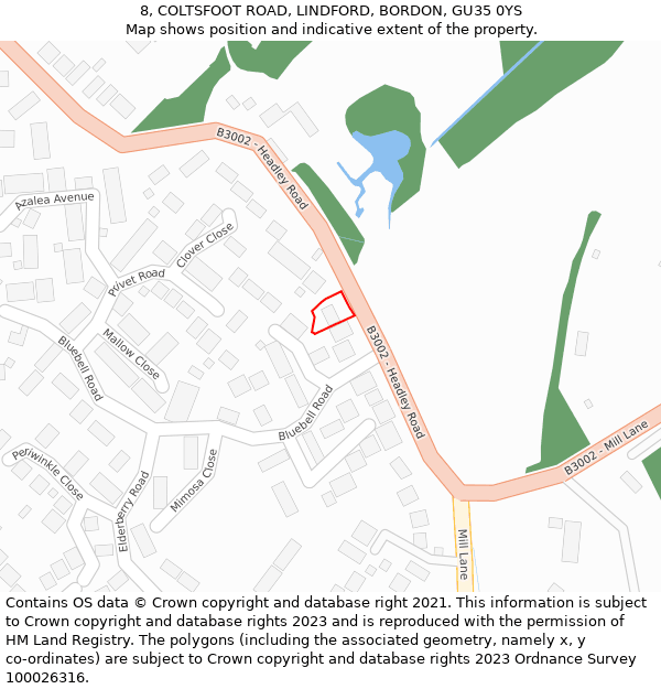 8, COLTSFOOT ROAD, LINDFORD, BORDON, GU35 0YS: Location map and indicative extent of plot
