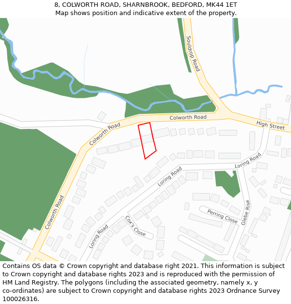 8, COLWORTH ROAD, SHARNBROOK, BEDFORD, MK44 1ET: Location map and indicative extent of plot