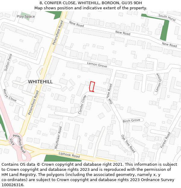 8, CONIFER CLOSE, WHITEHILL, BORDON, GU35 9DH: Location map and indicative extent of plot