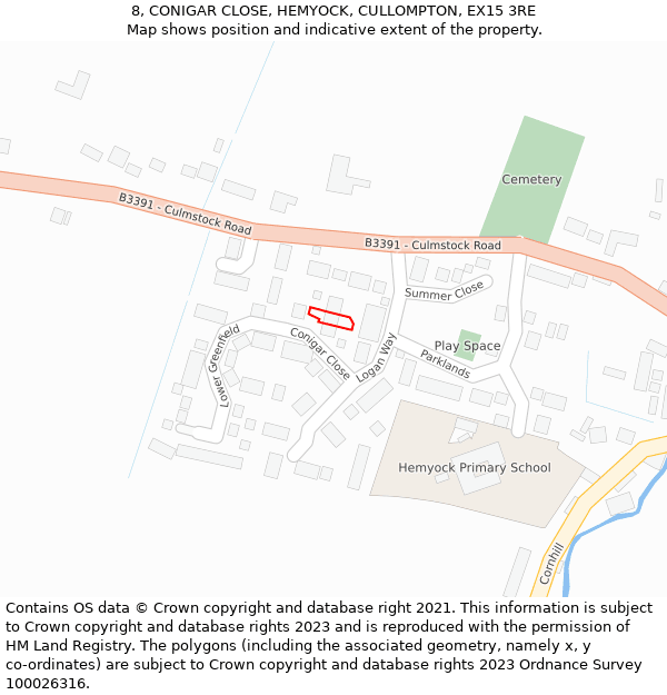 8, CONIGAR CLOSE, HEMYOCK, CULLOMPTON, EX15 3RE: Location map and indicative extent of plot