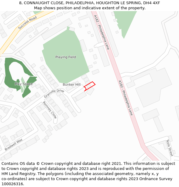 8, CONNAUGHT CLOSE, PHILADELPHIA, HOUGHTON LE SPRING, DH4 4XF: Location map and indicative extent of plot