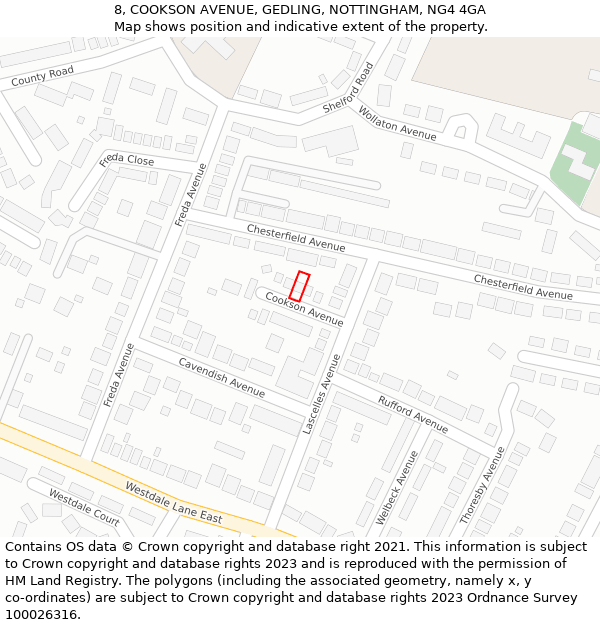 8, COOKSON AVENUE, GEDLING, NOTTINGHAM, NG4 4GA: Location map and indicative extent of plot