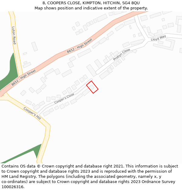 8, COOPERS CLOSE, KIMPTON, HITCHIN, SG4 8QU: Location map and indicative extent of plot