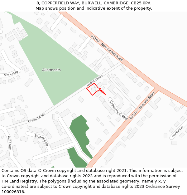 8, COPPERFIELD WAY, BURWELL, CAMBRIDGE, CB25 0PA: Location map and indicative extent of plot