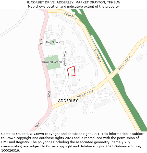 8, CORBET DRIVE, ADDERLEY, MARKET DRAYTON, TF9 3LW: Location map and indicative extent of plot