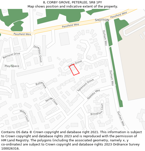 8, CORBY GROVE, PETERLEE, SR8 1PY: Location map and indicative extent of plot