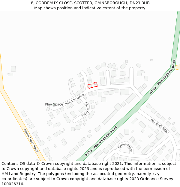 8, CORDEAUX CLOSE, SCOTTER, GAINSBOROUGH, DN21 3HB: Location map and indicative extent of plot