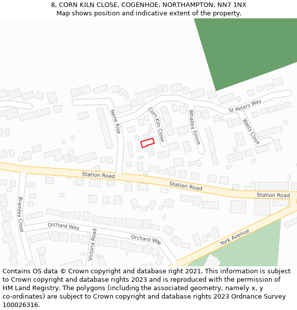 8, CORN KILN CLOSE, COGENHOE, NORTHAMPTON, NN7 1NX: Location map and indicative extent of plot