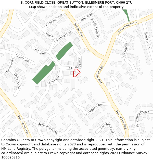 8, CORNFIELD CLOSE, GREAT SUTTON, ELLESMERE PORT, CH66 2YU: Location map and indicative extent of plot