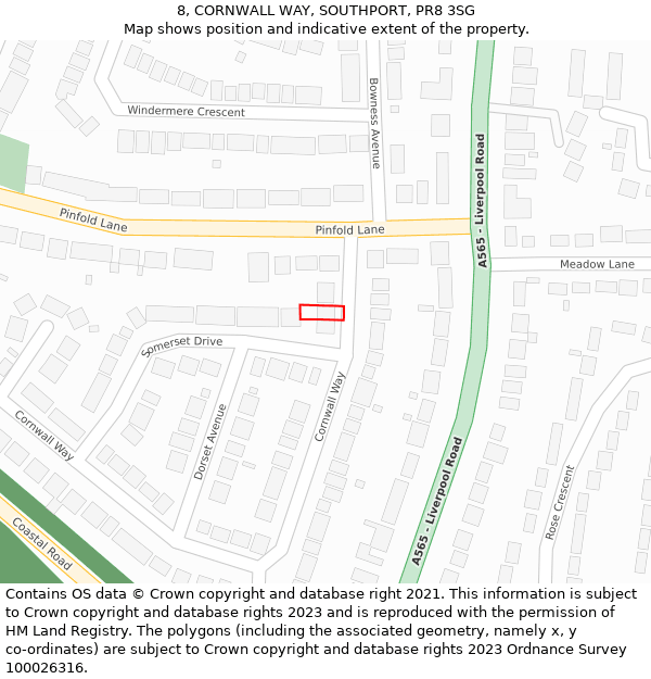 8, CORNWALL WAY, SOUTHPORT, PR8 3SG: Location map and indicative extent of plot