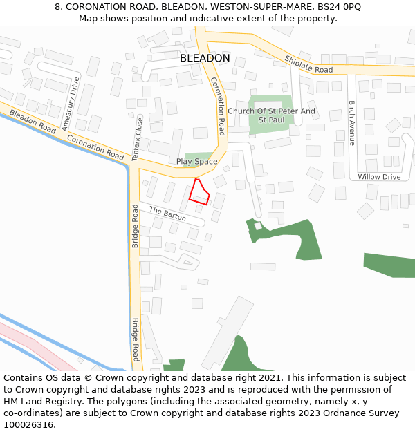 8, CORONATION ROAD, BLEADON, WESTON-SUPER-MARE, BS24 0PQ: Location map and indicative extent of plot