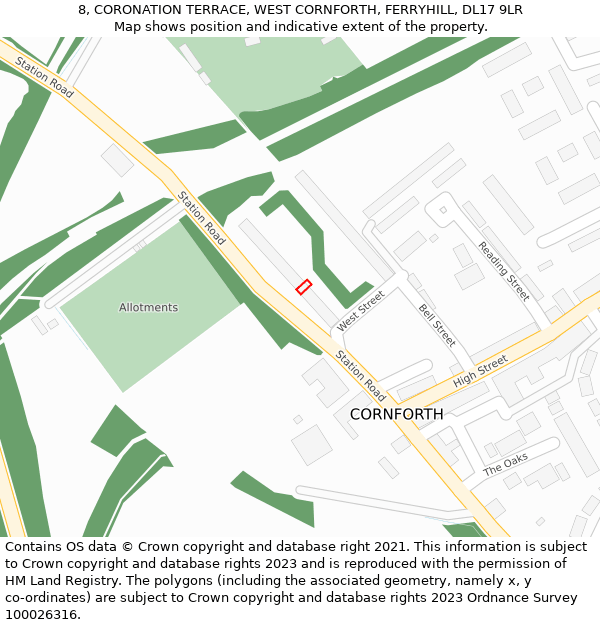 8, CORONATION TERRACE, WEST CORNFORTH, FERRYHILL, DL17 9LR: Location map and indicative extent of plot