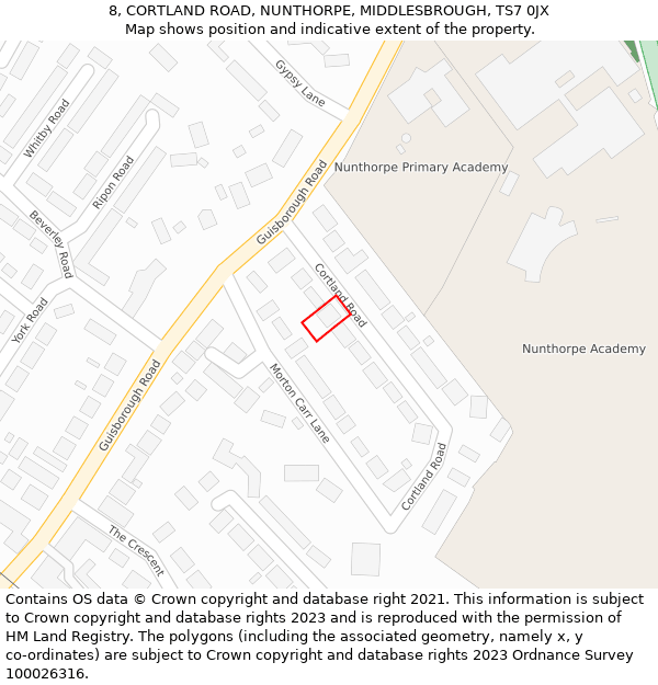 8, CORTLAND ROAD, NUNTHORPE, MIDDLESBROUGH, TS7 0JX: Location map and indicative extent of plot