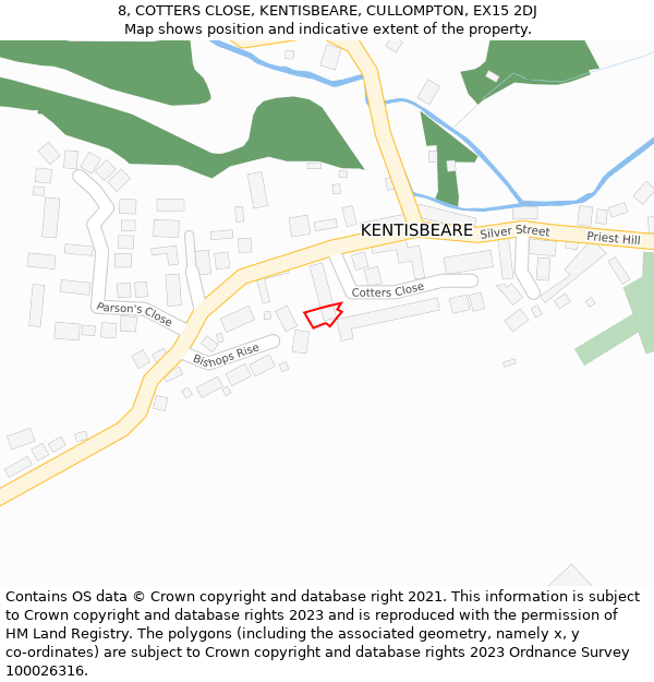 8, COTTERS CLOSE, KENTISBEARE, CULLOMPTON, EX15 2DJ: Location map and indicative extent of plot