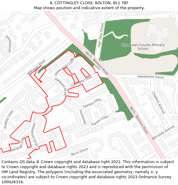 8, COTTINGLEY CLOSE, BOLTON, BL1 7BF: Location map and indicative extent of plot