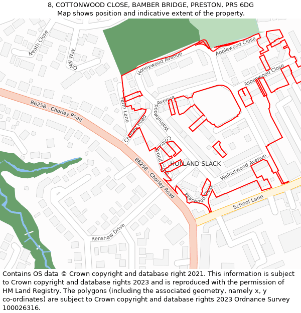 8, COTTONWOOD CLOSE, BAMBER BRIDGE, PRESTON, PR5 6DG: Location map and indicative extent of plot
