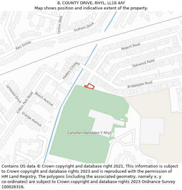 8, COUNTY DRIVE, RHYL, LL18 4AY: Location map and indicative extent of plot