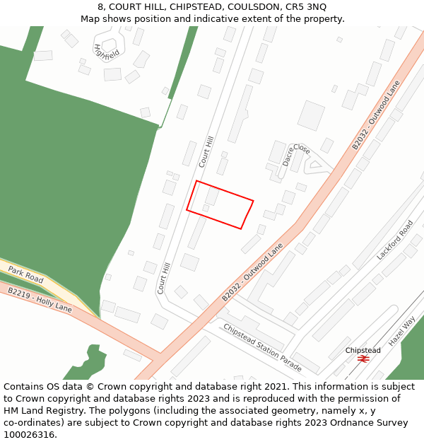 8, COURT HILL, CHIPSTEAD, COULSDON, CR5 3NQ: Location map and indicative extent of plot