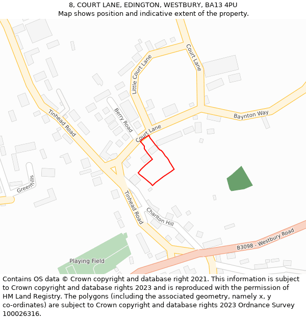 8, COURT LANE, EDINGTON, WESTBURY, BA13 4PU: Location map and indicative extent of plot