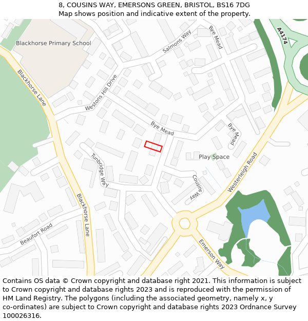 8, COUSINS WAY, EMERSONS GREEN, BRISTOL, BS16 7DG: Location map and indicative extent of plot