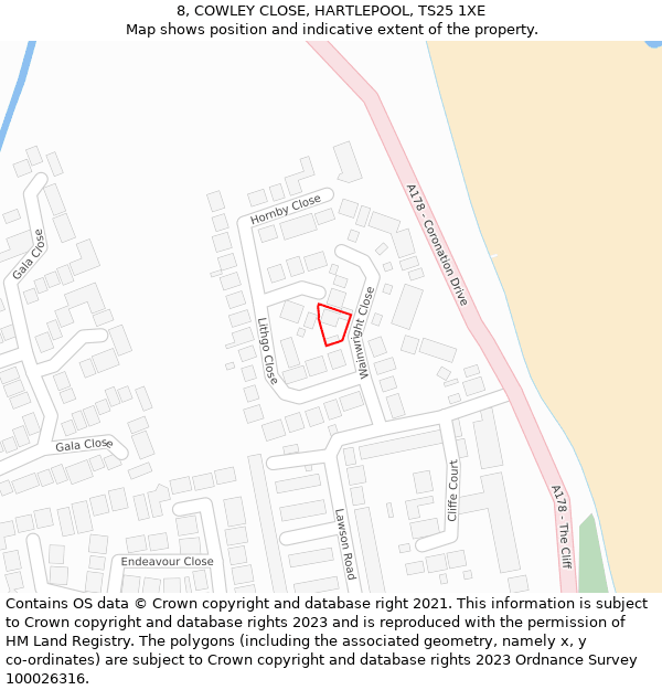 8, COWLEY CLOSE, HARTLEPOOL, TS25 1XE: Location map and indicative extent of plot