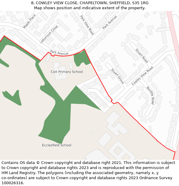 8, COWLEY VIEW CLOSE, CHAPELTOWN, SHEFFIELD, S35 1RG: Location map and indicative extent of plot