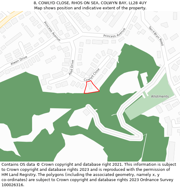 8, COWLYD CLOSE, RHOS ON SEA, COLWYN BAY, LL28 4UY: Location map and indicative extent of plot