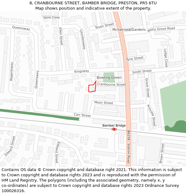 8, CRANBOURNE STREET, BAMBER BRIDGE, PRESTON, PR5 6TU: Location map and indicative extent of plot