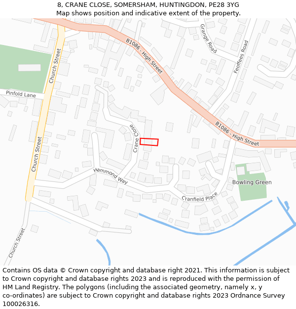 8, CRANE CLOSE, SOMERSHAM, HUNTINGDON, PE28 3YG: Location map and indicative extent of plot