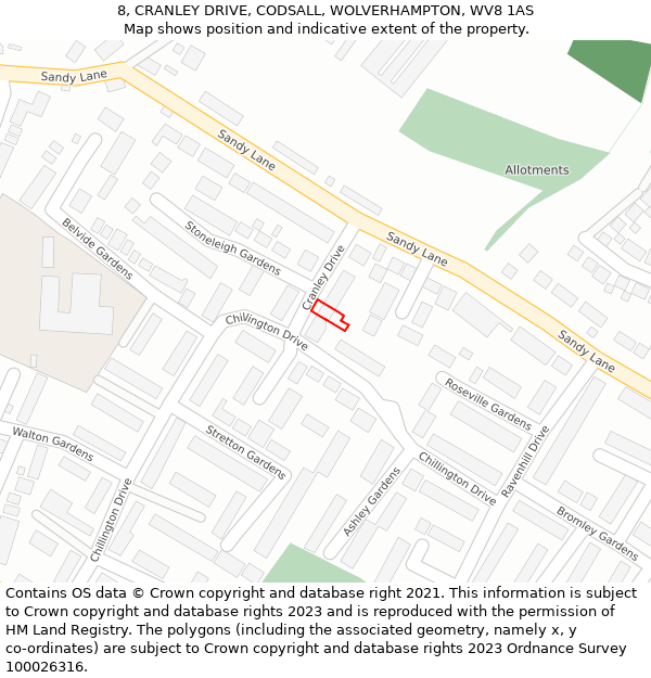 8, CRANLEY DRIVE, CODSALL, WOLVERHAMPTON, WV8 1AS: Location map and indicative extent of plot