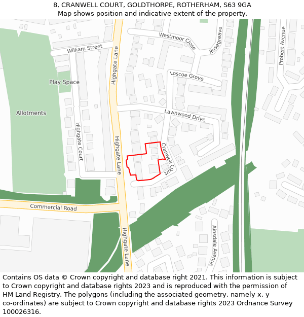 8, CRANWELL COURT, GOLDTHORPE, ROTHERHAM, S63 9GA: Location map and indicative extent of plot