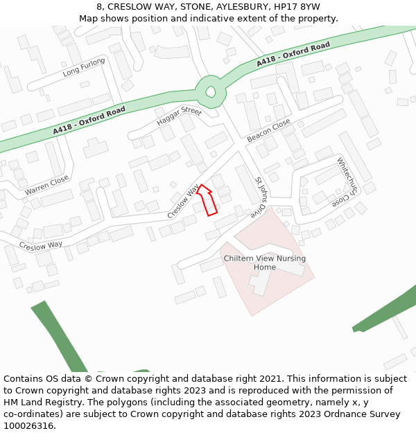 8, CRESLOW WAY, STONE, AYLESBURY, HP17 8YW: Location map and indicative extent of plot