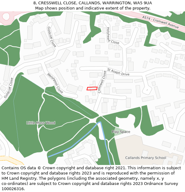 8, CRESSWELL CLOSE, CALLANDS, WARRINGTON, WA5 9UA: Location map and indicative extent of plot