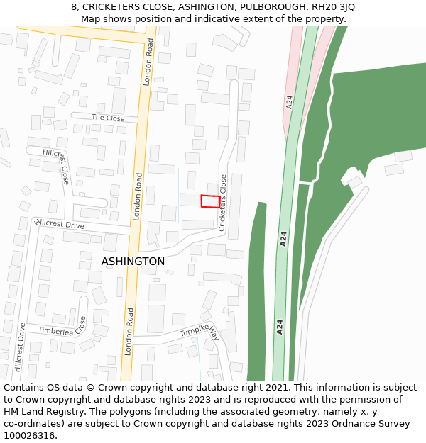 8, CRICKETERS CLOSE, ASHINGTON, PULBOROUGH, RH20 3JQ: Location map and indicative extent of plot