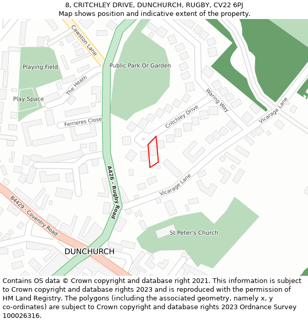 8, CRITCHLEY DRIVE, DUNCHURCH, RUGBY, CV22 6PJ: Location map and indicative extent of plot