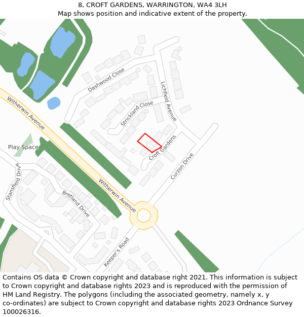 8, CROFT GARDENS, WARRINGTON, WA4 3LH: Location map and indicative extent of plot