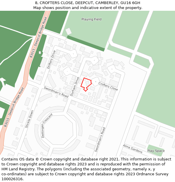 8, CROFTERS CLOSE, DEEPCUT, CAMBERLEY, GU16 6GH: Location map and indicative extent of plot