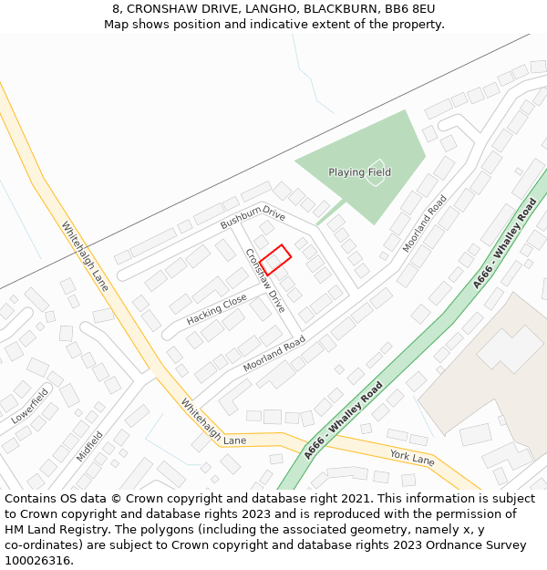 8, CRONSHAW DRIVE, LANGHO, BLACKBURN, BB6 8EU: Location map and indicative extent of plot