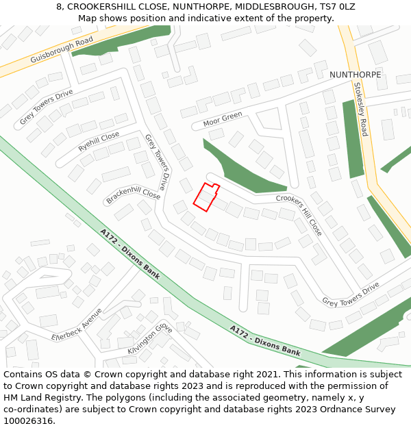 8, CROOKERSHILL CLOSE, NUNTHORPE, MIDDLESBROUGH, TS7 0LZ: Location map and indicative extent of plot