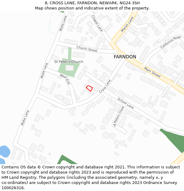 8, CROSS LANE, FARNDON, NEWARK, NG24 3SH: Location map and indicative extent of plot