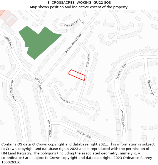 8, CROSSACRES, WOKING, GU22 8QS: Location map and indicative extent of plot